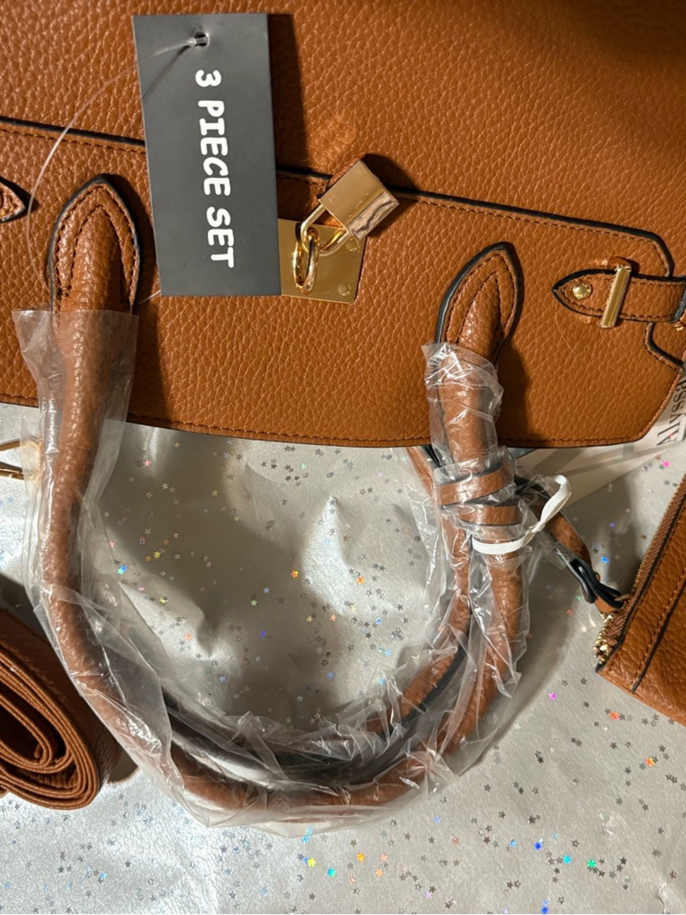 3 pc. Structured Tan Tote Bag with Gold Hardware - Picture 4 of 4